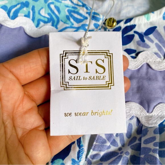 🩵 SAIL TO SABLE PURPLE BLUE WHITE RUFFLE SLEEVE RIC RACK TRIM MIDI DRESS! - Picture 12 of 14